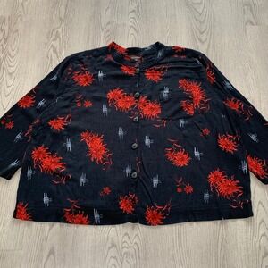 Floral Button Down Blouse Black/Red Band Collar 3/4 Sleeve Womens 3X Dark‎ Boho